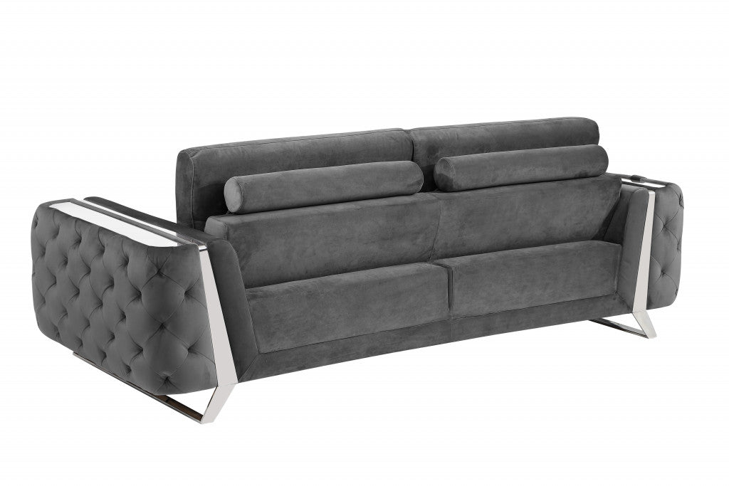 90" Dark Gray And Silver Velvet Sofa