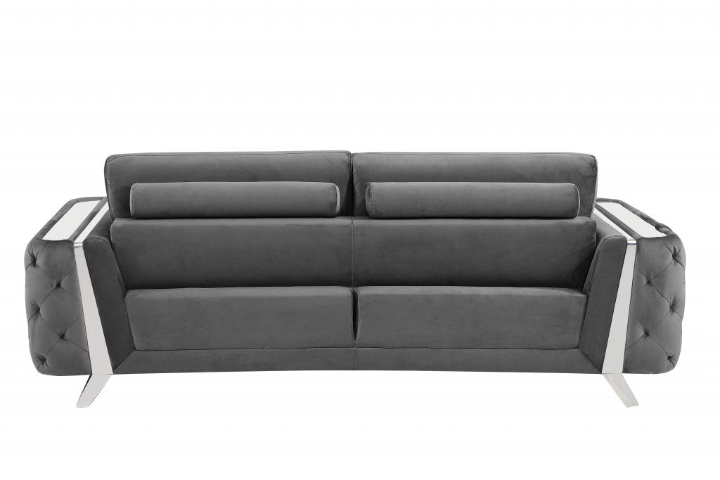 90" Dark Gray And Silver Velvet Sofa