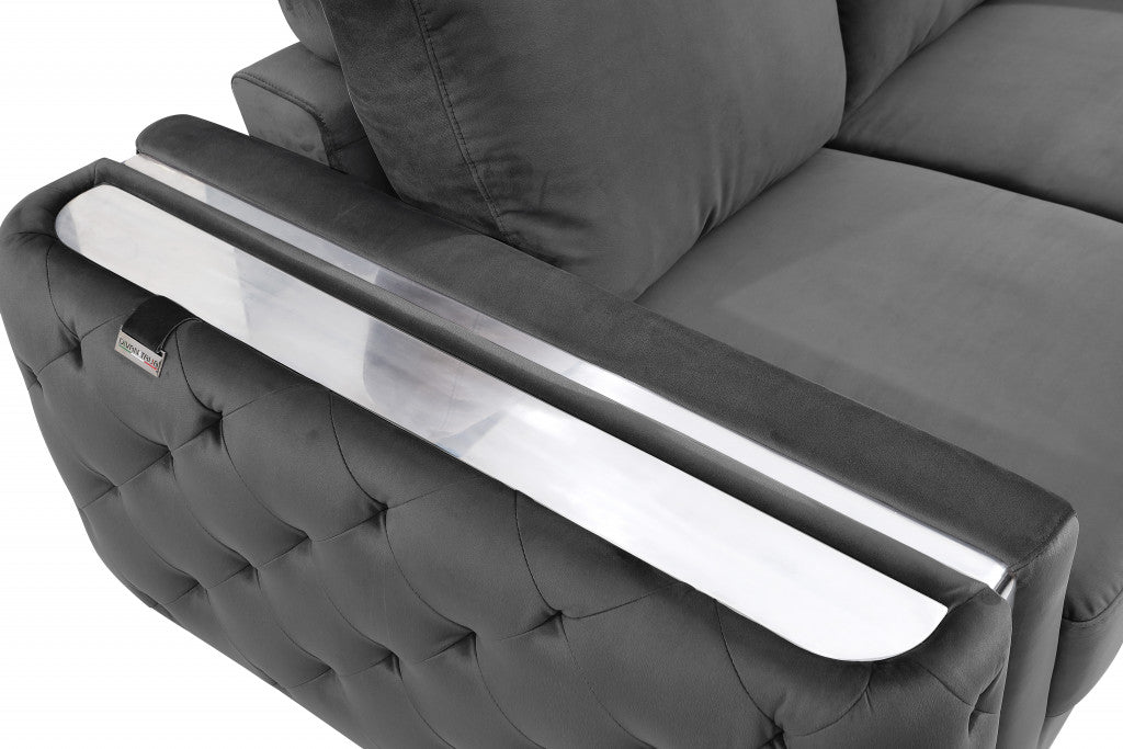90" Dark Gray And Silver Velvet Sofa