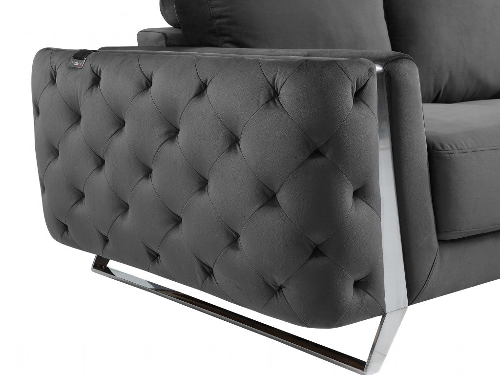 90" Dark Gray And Silver Velvet Sofa