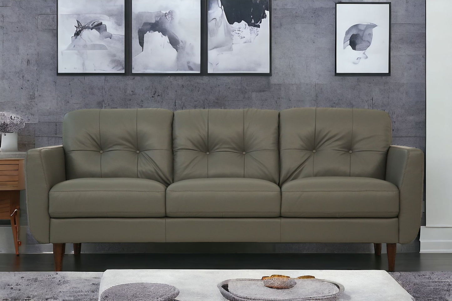83" Green Leather And Black Sofa