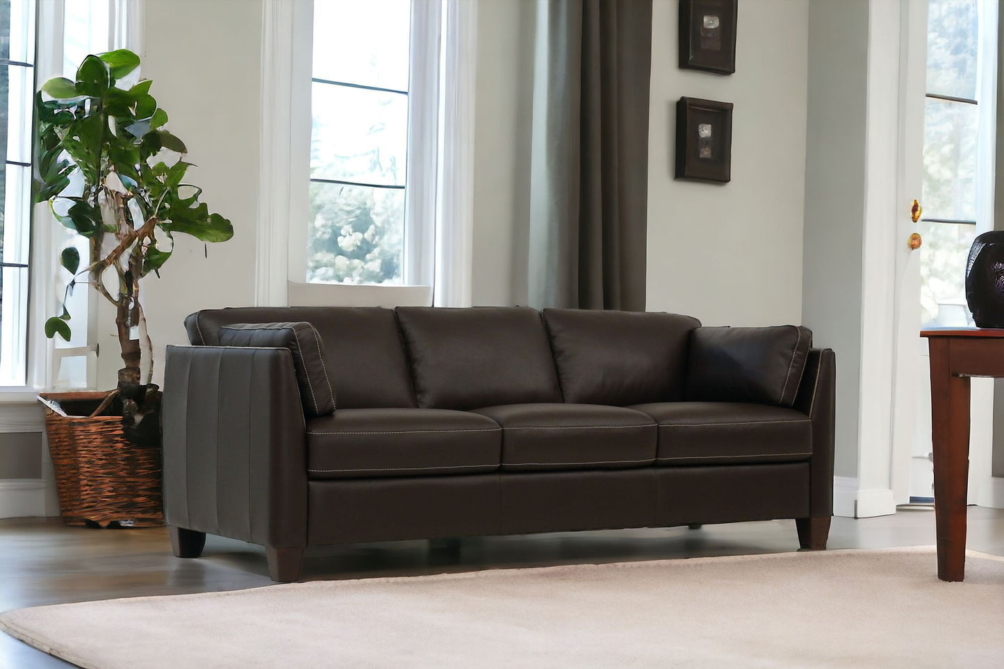 81" Chocolate Leather And Black Sofa