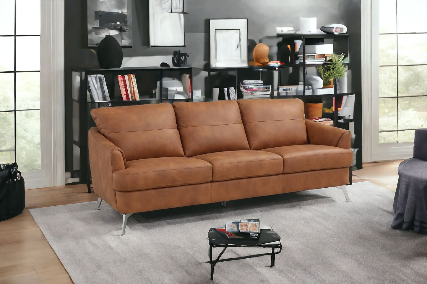 81" Camel Leather And Black Sofa