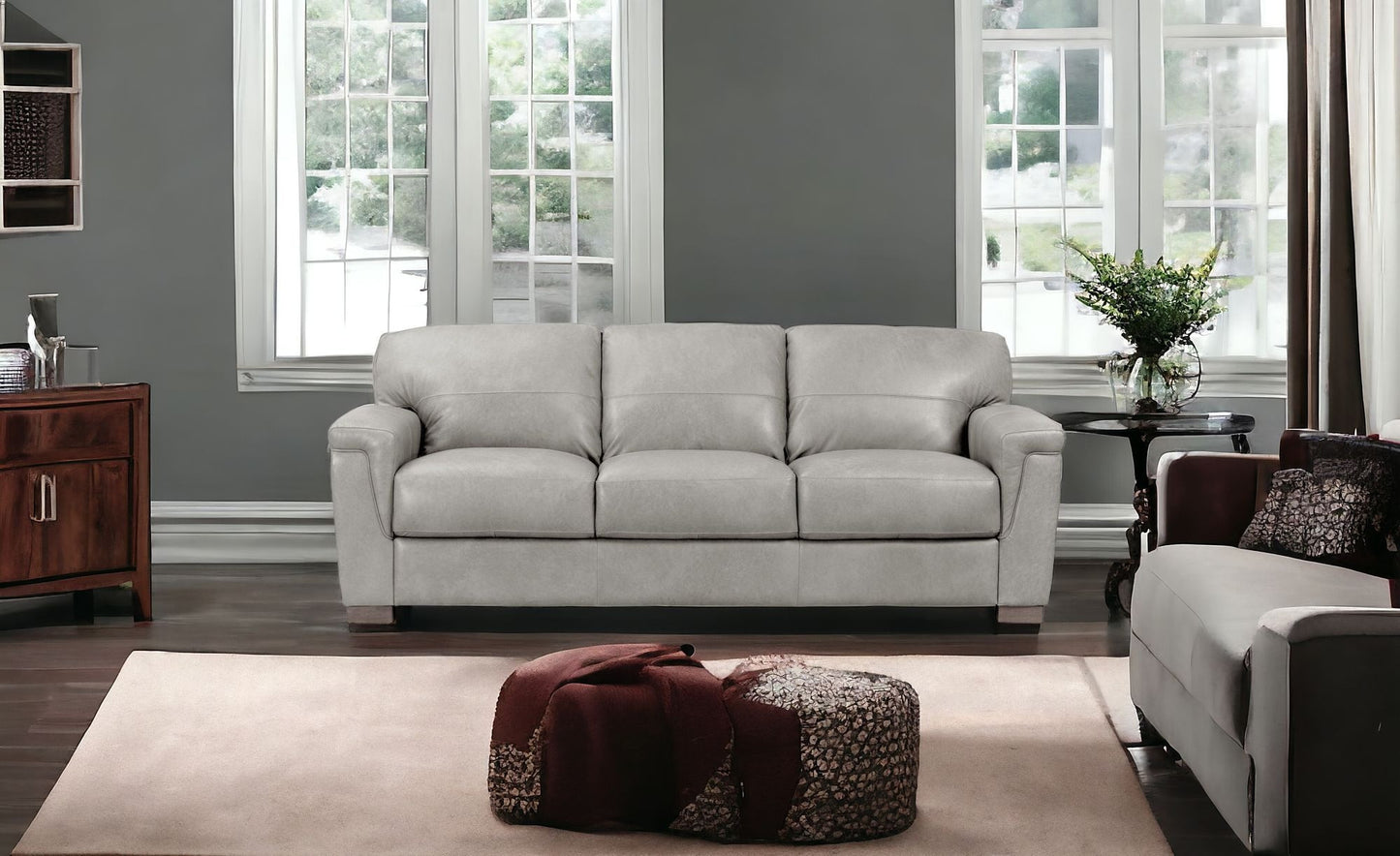 91" Gray Leather And Black Sofa