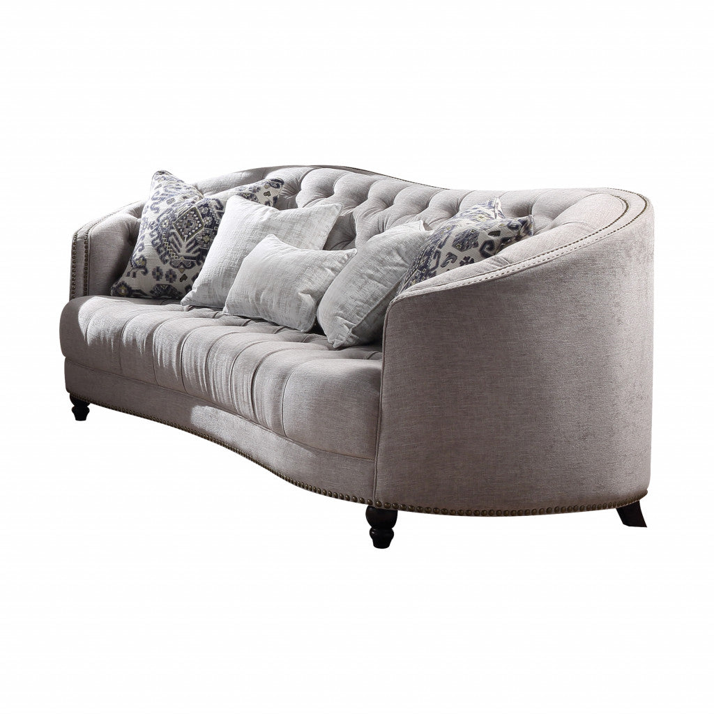 95" Light Gray Linen And Black Sofa With Five Toss Pillows