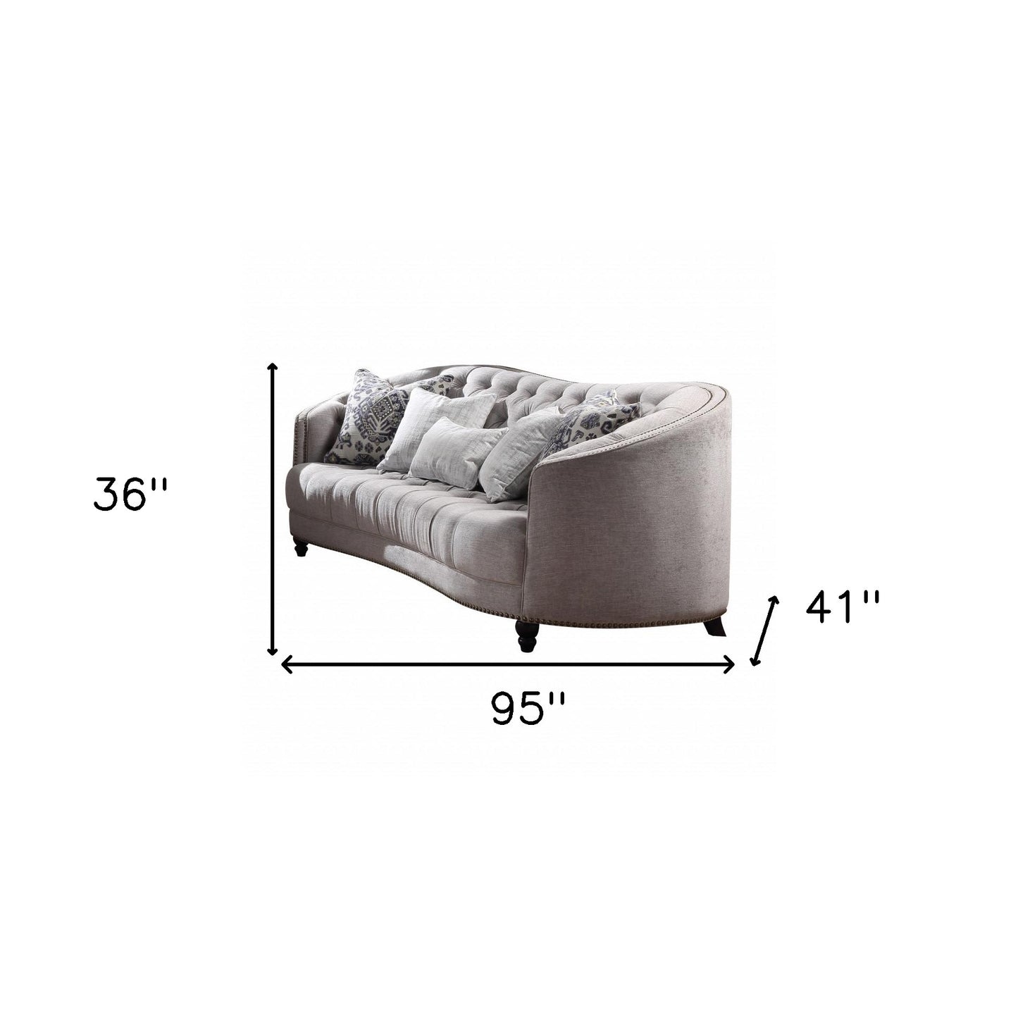 95" Light Gray Linen And Black Sofa With Five Toss Pillows
