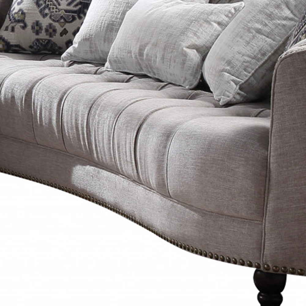 95" Light Gray Linen And Black Sofa With Five Toss Pillows