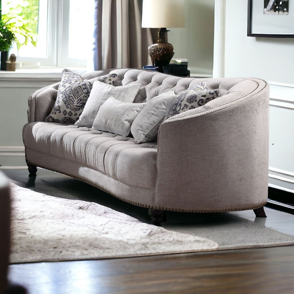 95" Light Gray Linen And Black Sofa With Five Toss Pillows