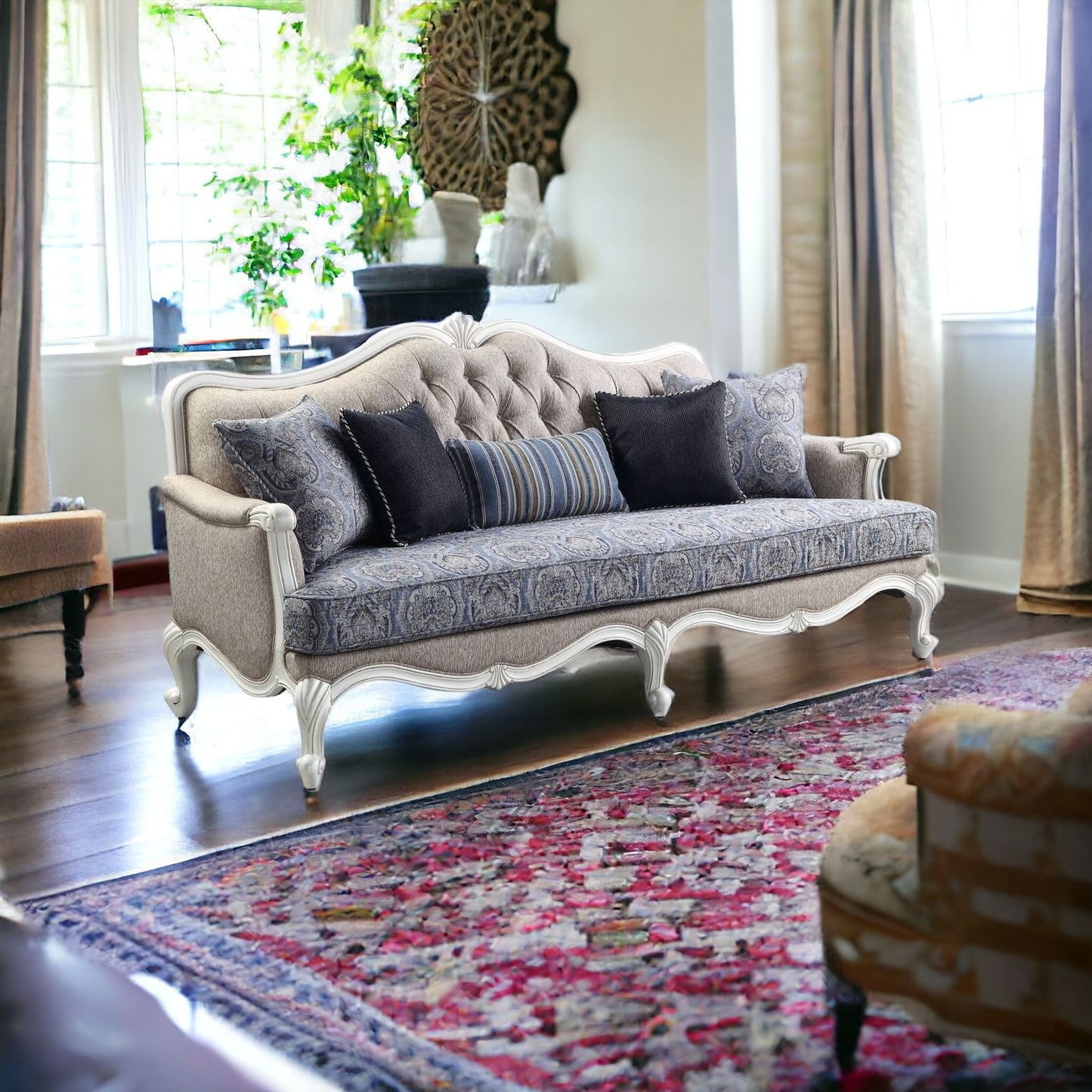 88" Fabric And White Linen Sofa And Toss Pillows