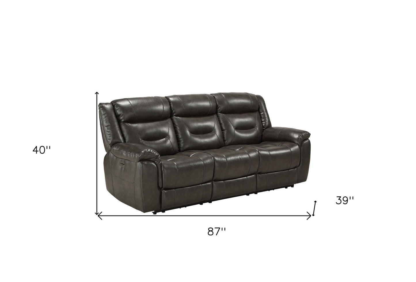 87" Gray And Black Faux Leather Reclining USB Sofa