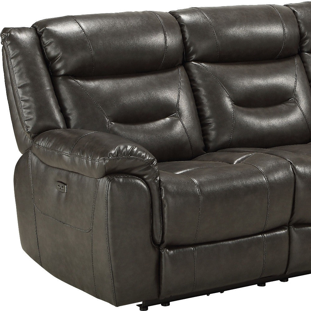 87" Gray And Black Faux Leather Reclining USB Sofa