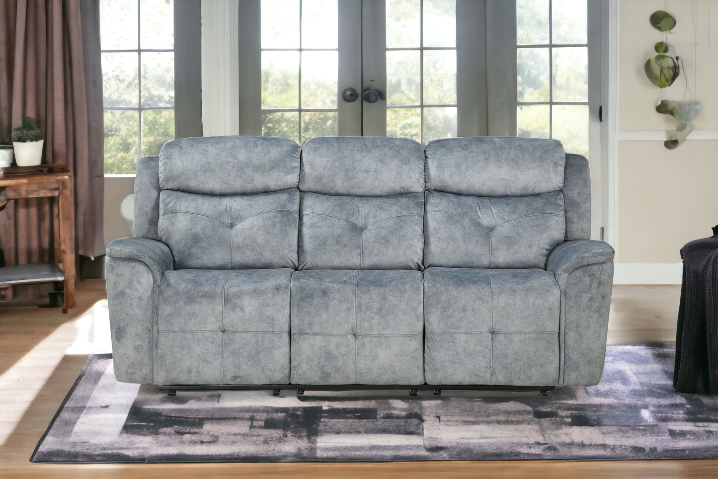 83" Gray And Black Velvet Reclining Sofa