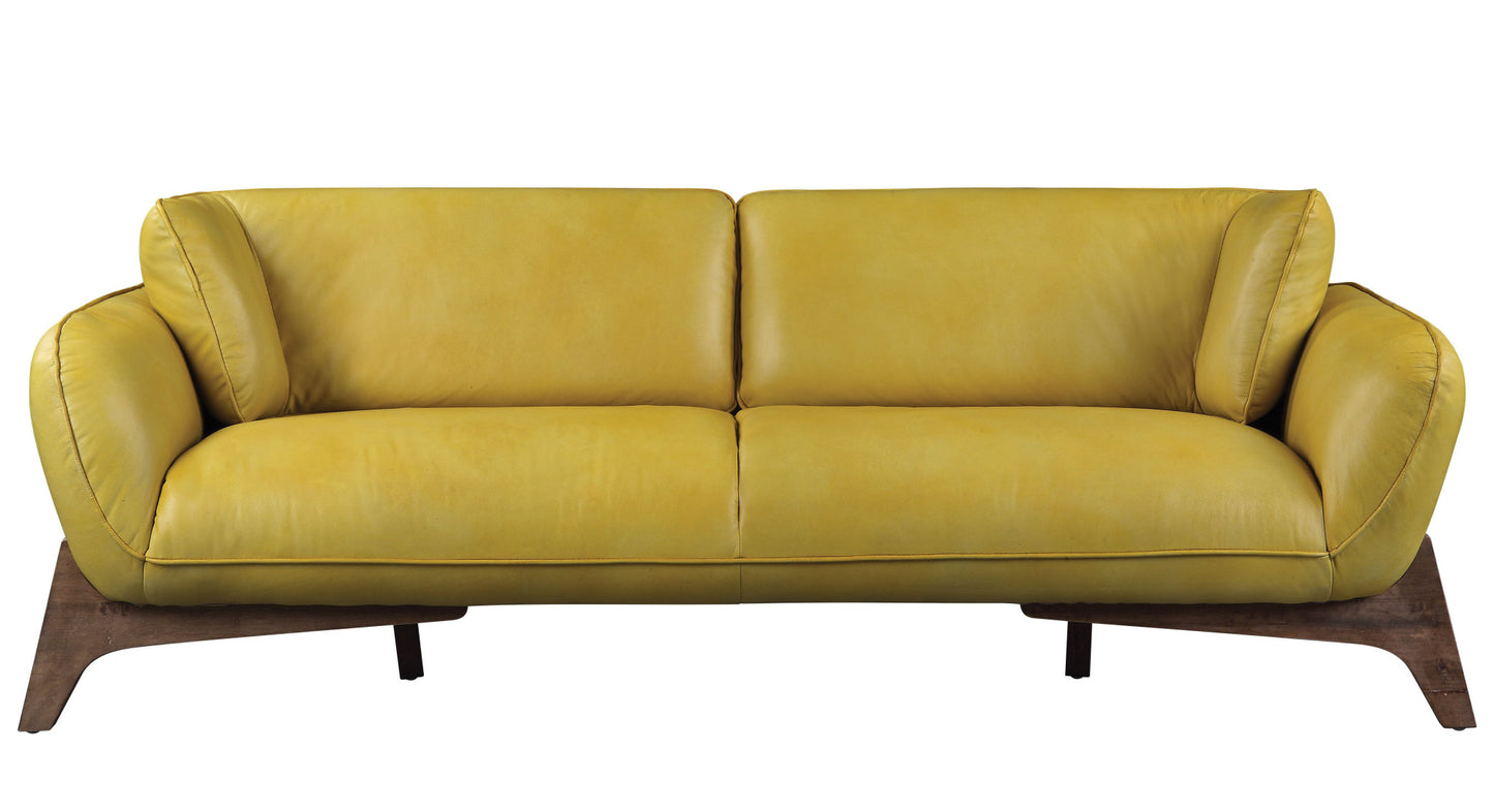90" Mustard Leather And Black Sofa