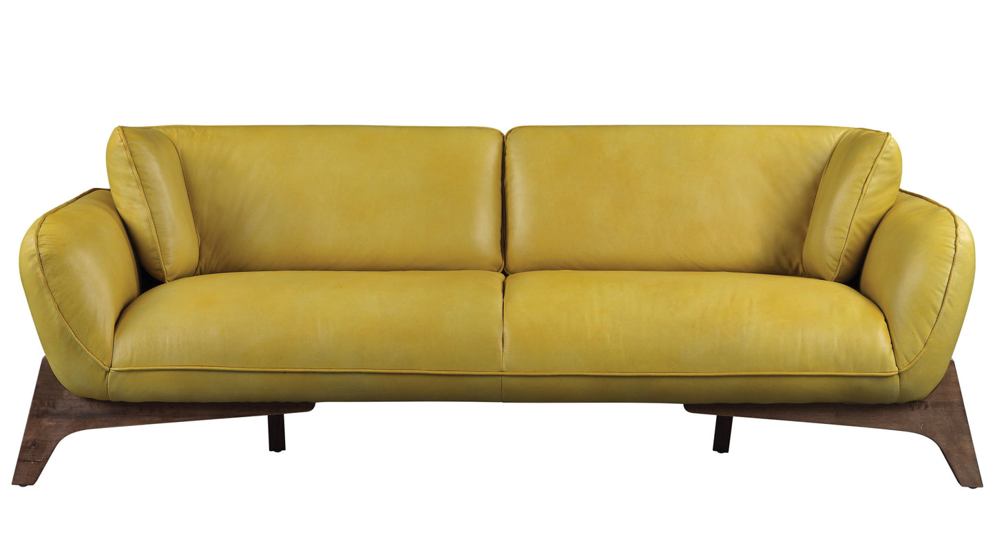 90" Mustard Leather And Black Sofa