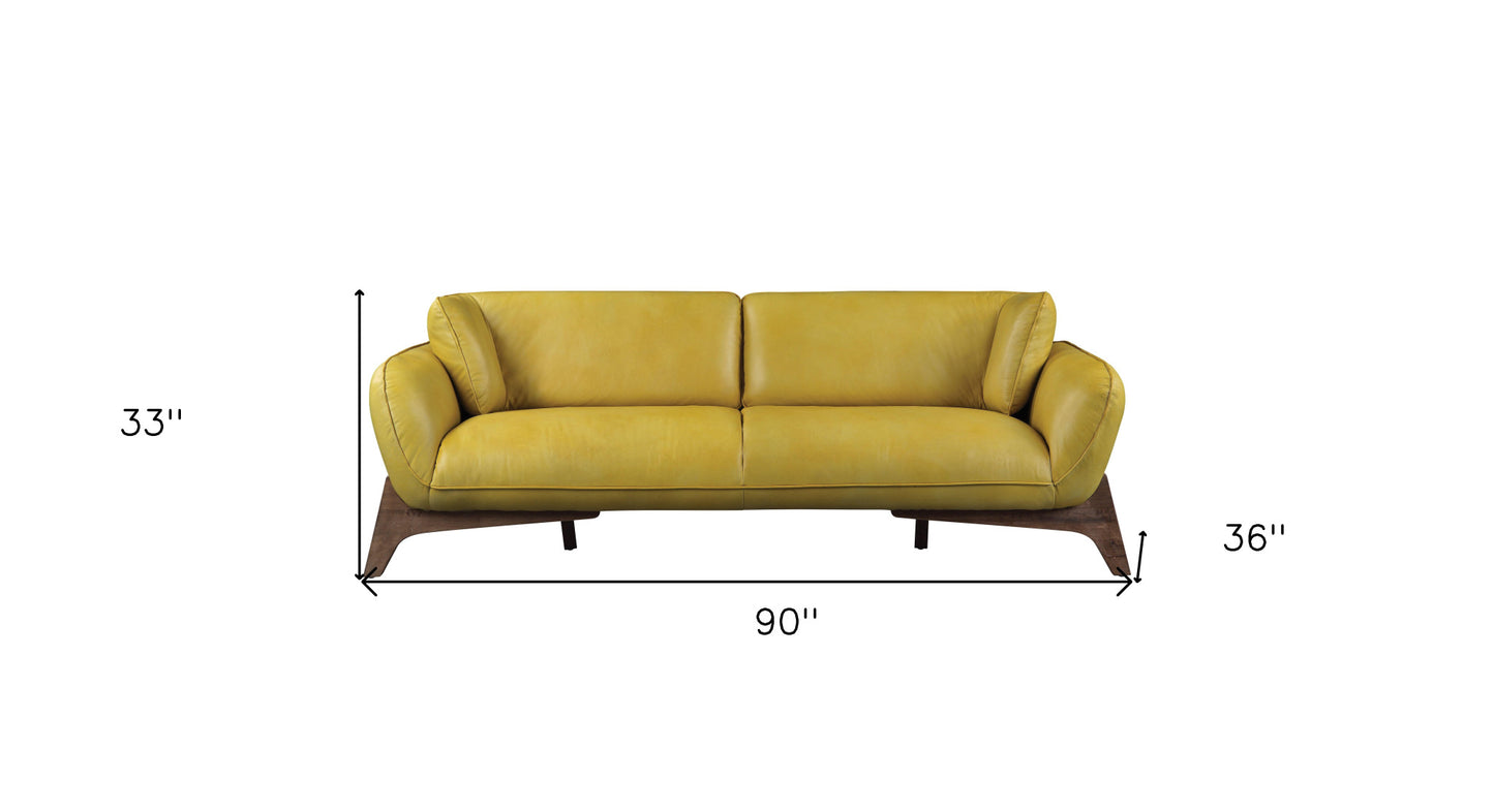 90" Mustard Leather And Black Sofa