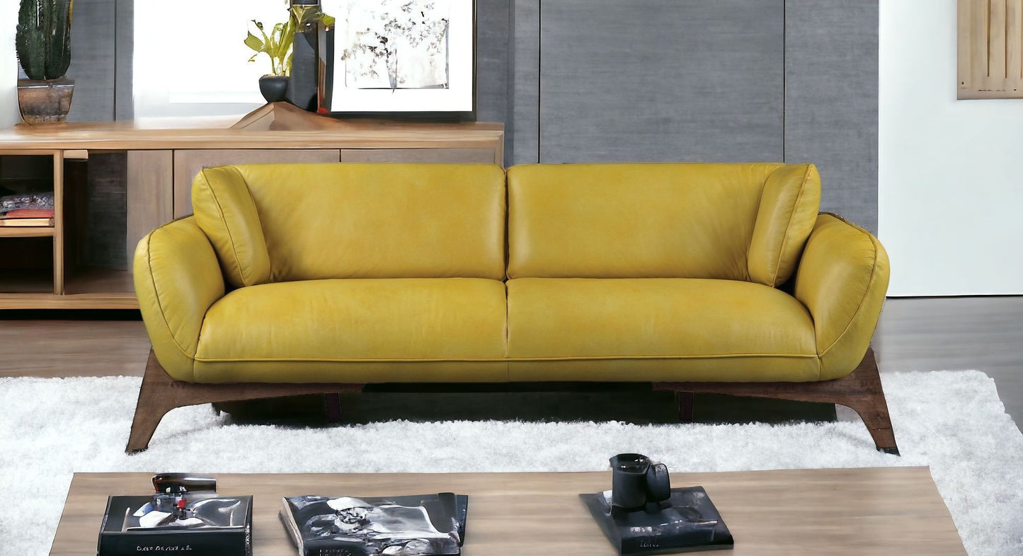 90" Mustard Leather And Black Sofa
