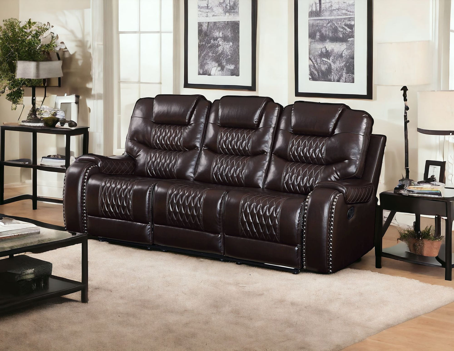 90" Brown And Black Faux Leather Reclining Sofa