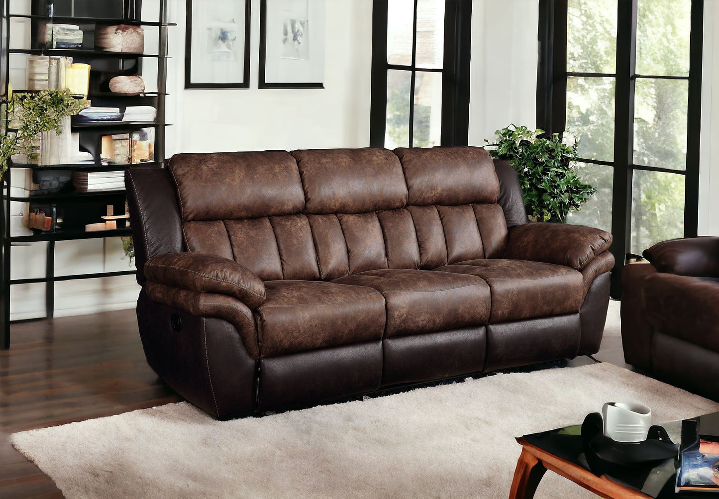 91" Espresso And Black Microfiber Reclining Sofa