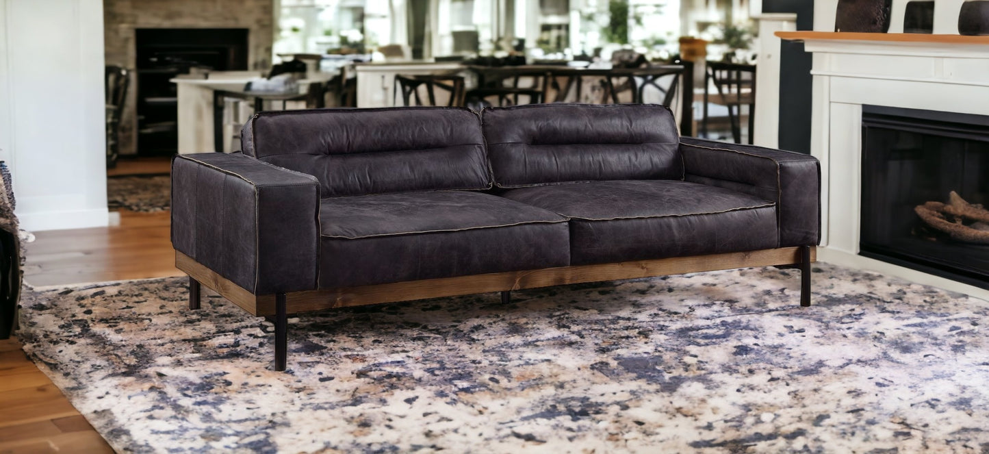 96" Antique Ebony Black Top Grain Leather Sofa