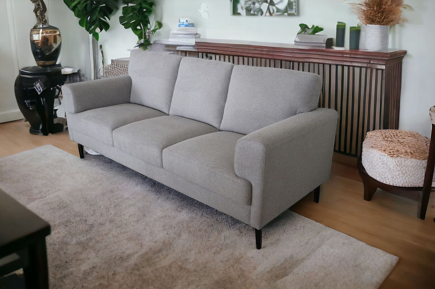 84" Light Gray Linen And Black Sofa