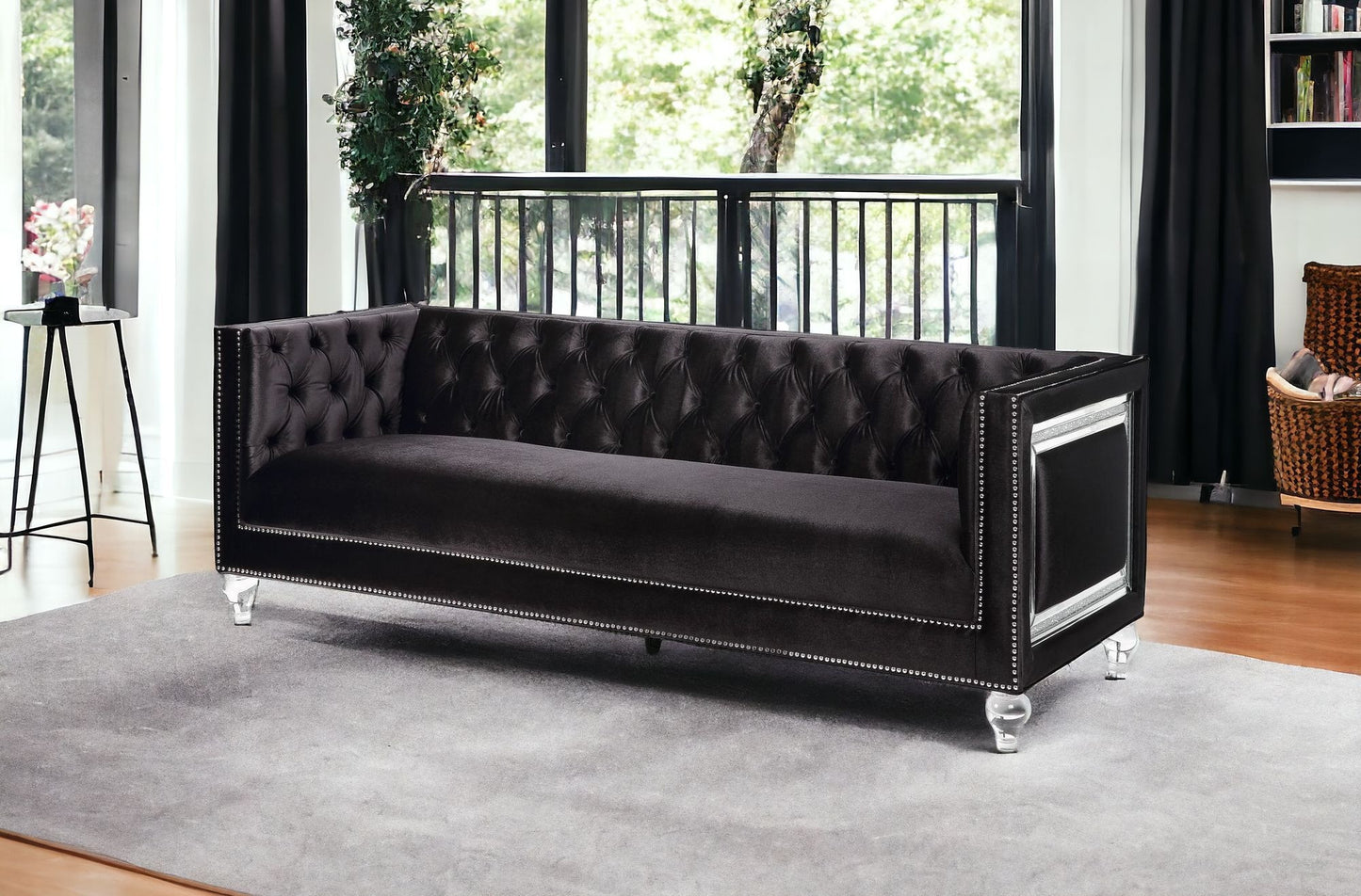 89" Black And Clear Velvet Sofa And Toss Pillows