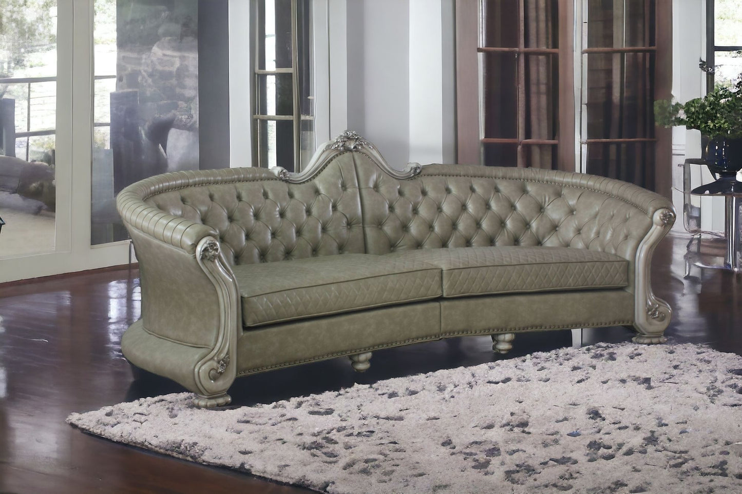 113" Vintage Bone Faux Leather And White Sofa With Seven Toss Pillows