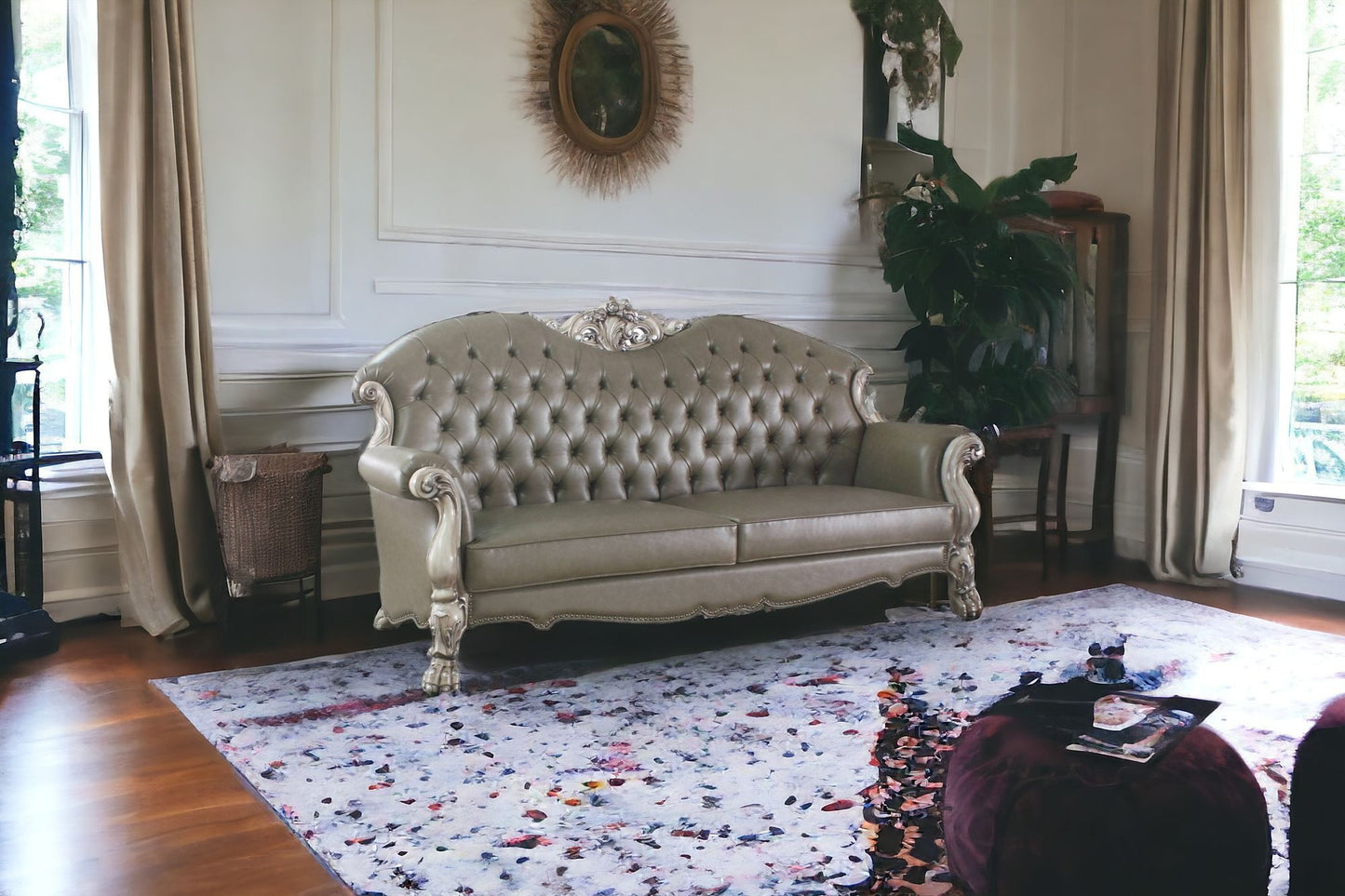96" Vintage Bone Faux Leather And White Sofa With Five Toss Pillows