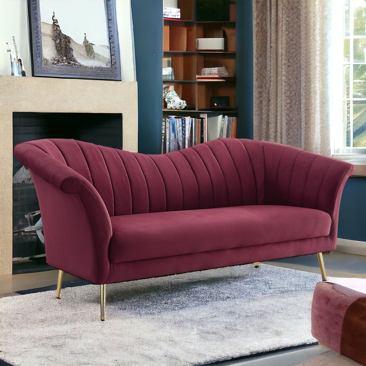 80" Red And Gold Velvet Sofa