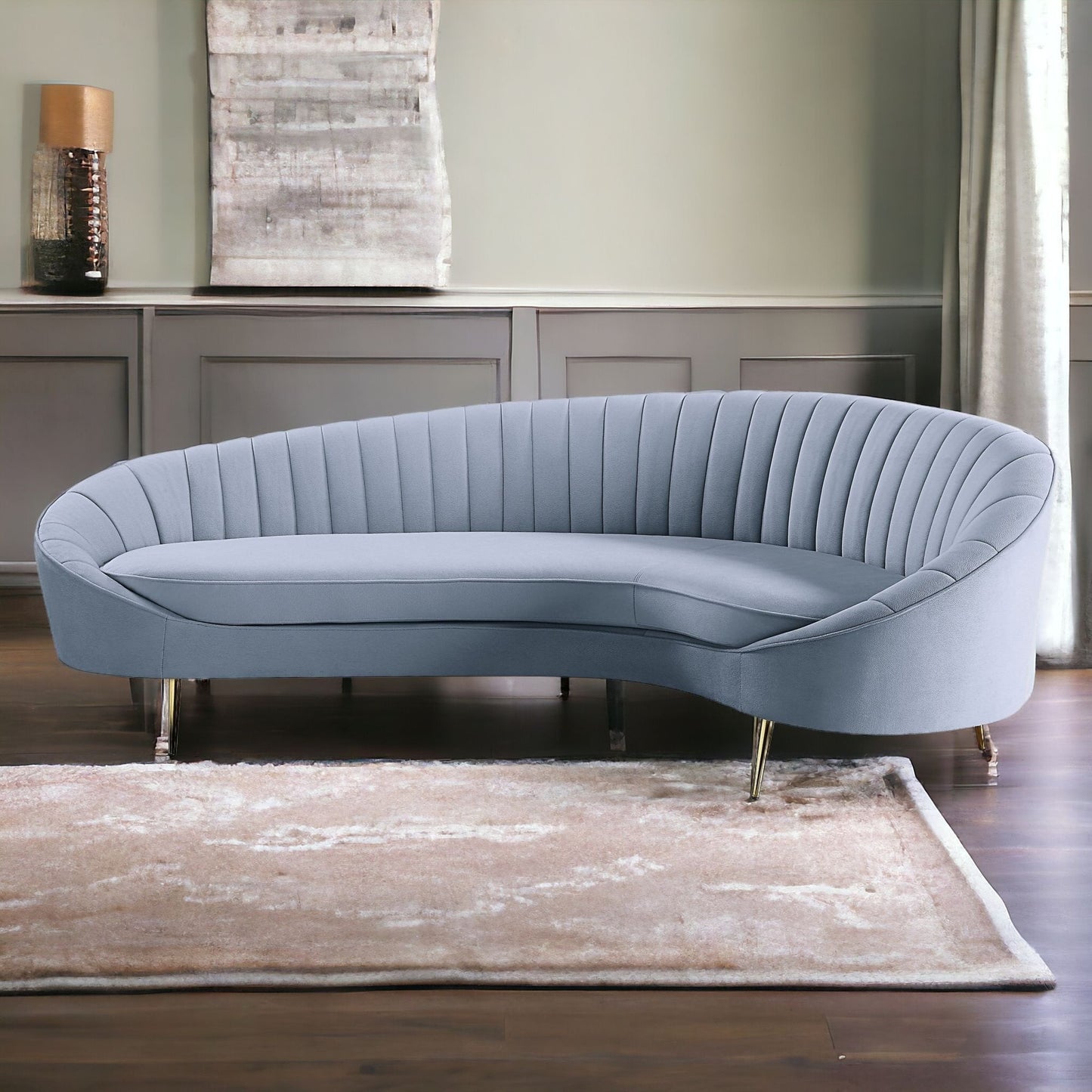 103" Light Gray Velvet And Gold Sofa
