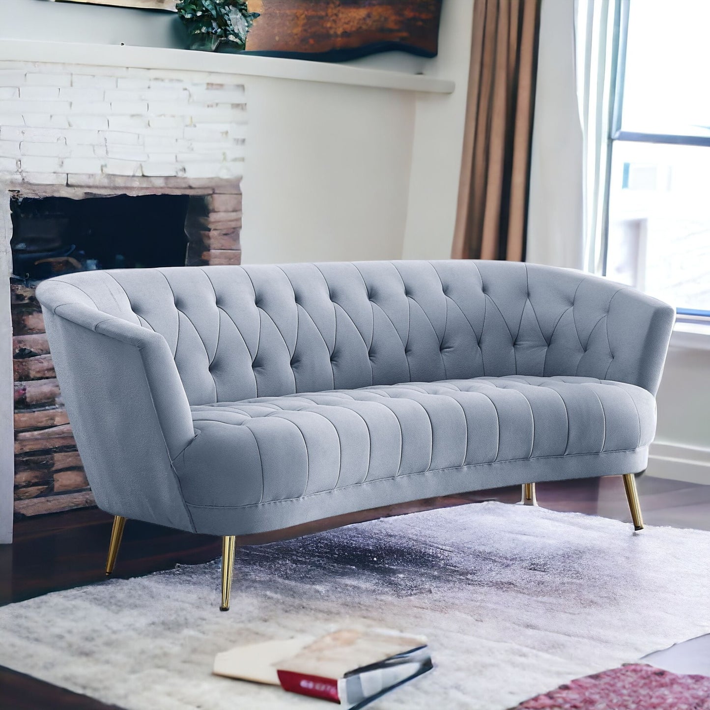 84" Light Gray Velvet And Gold Sofa