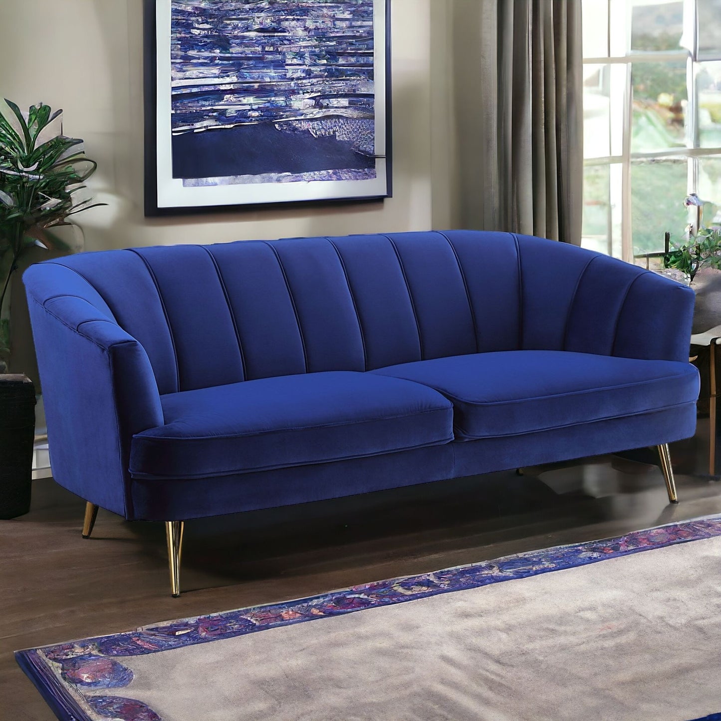78" Blue Velvet And Gold Sofa