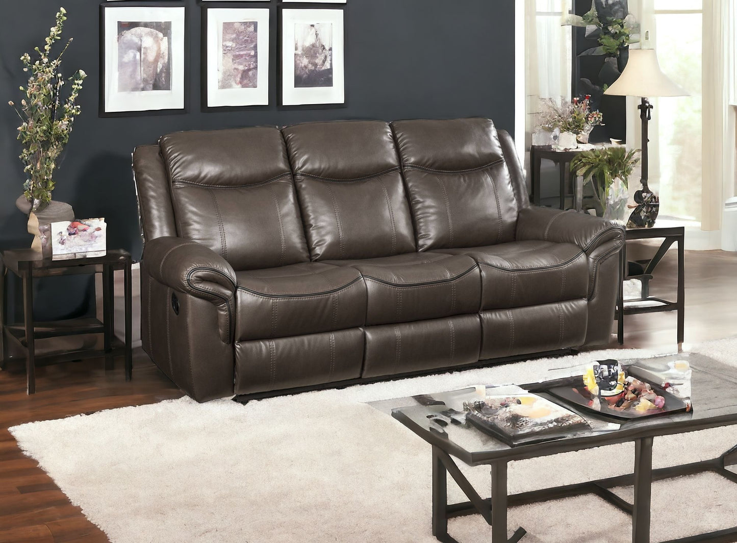 89" Brown And Black Faux Leather Reclining USB Sofa
