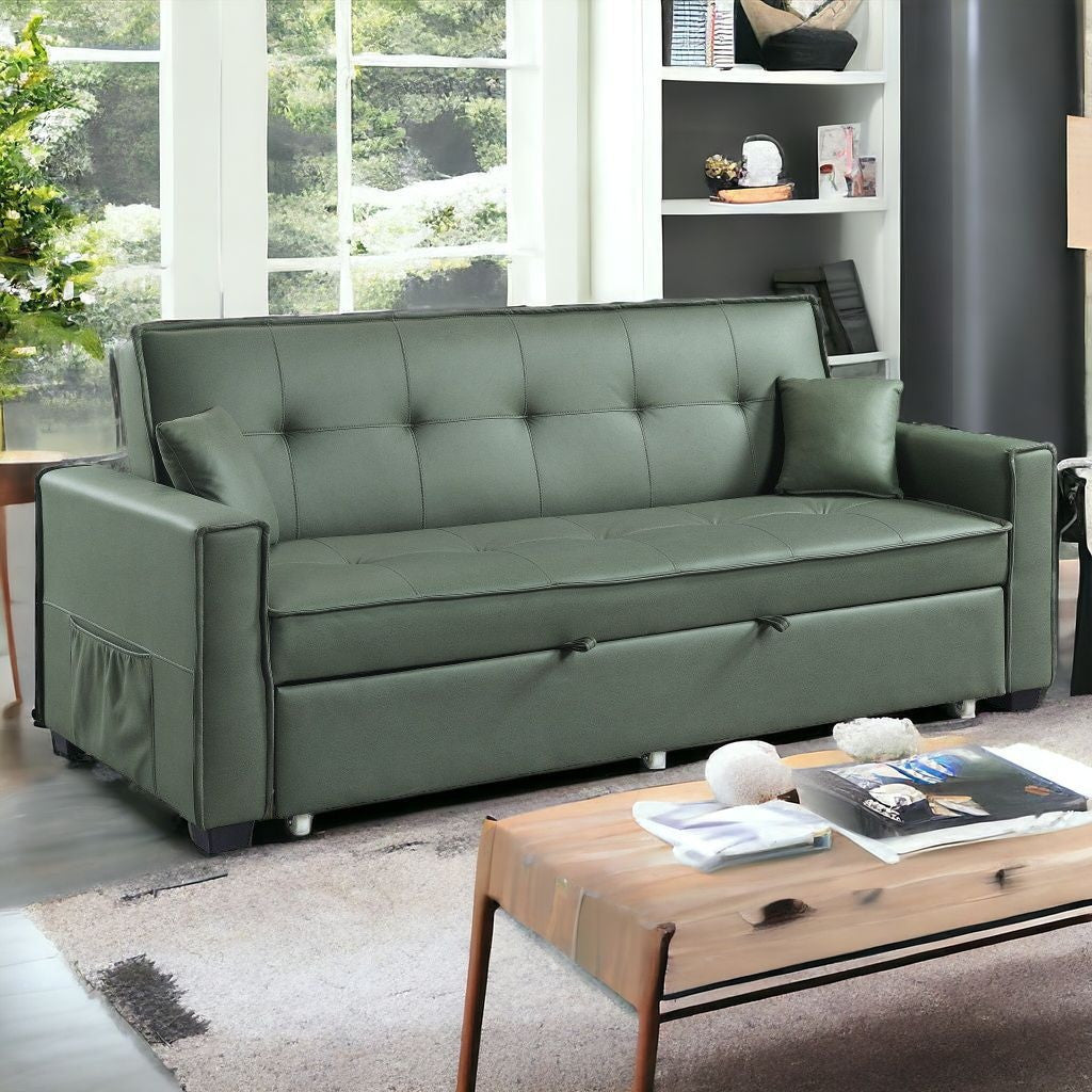 82" Green Velvet And Black Sleeper Sofa With Two Toss Pillows