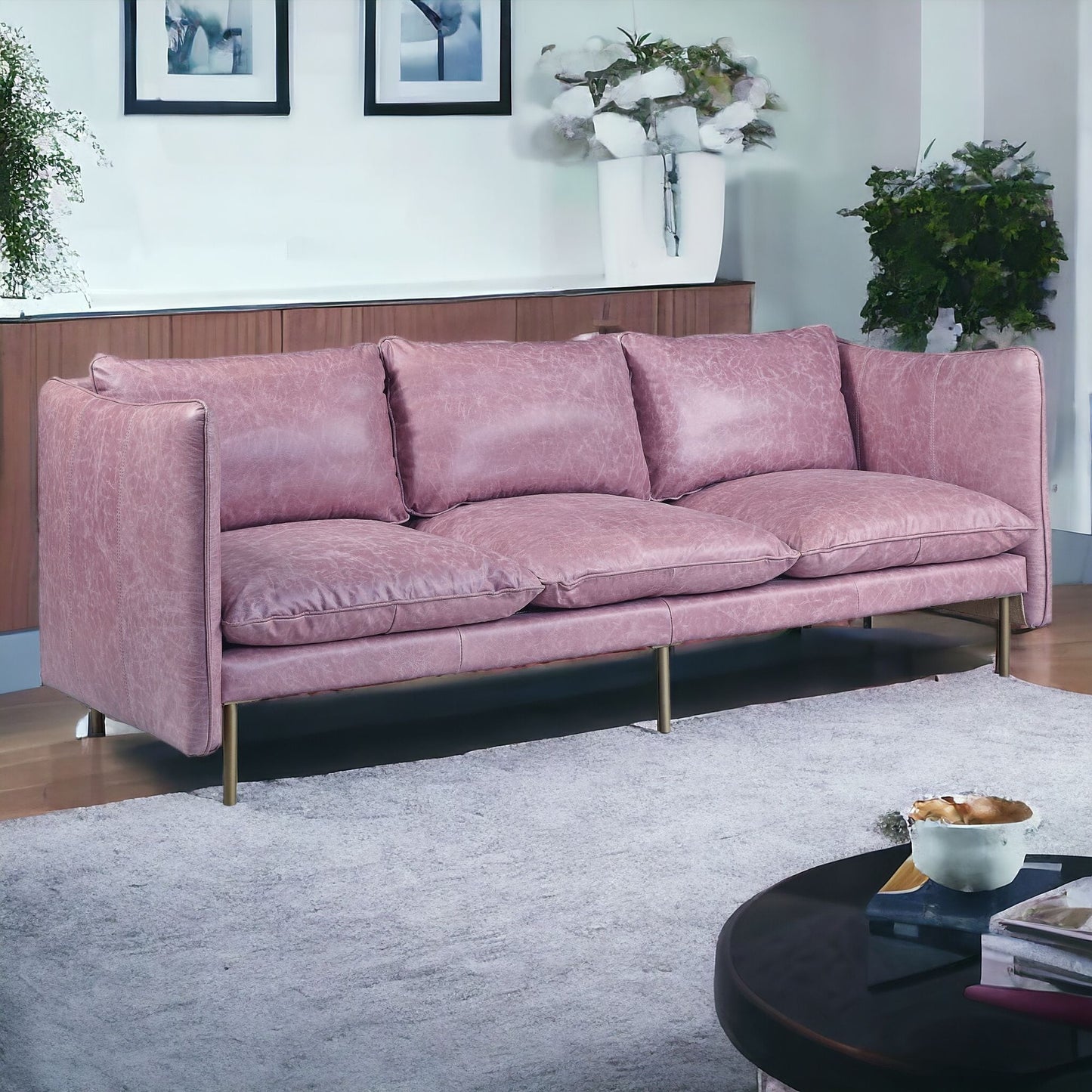 91" Wisteria Top Grain Leather And Black Sofa