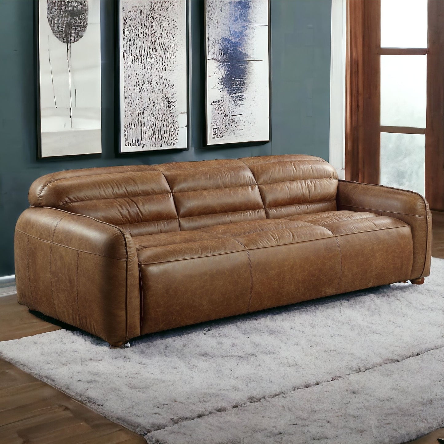 95" Cocoa Top Grain Leather And Black Sofa