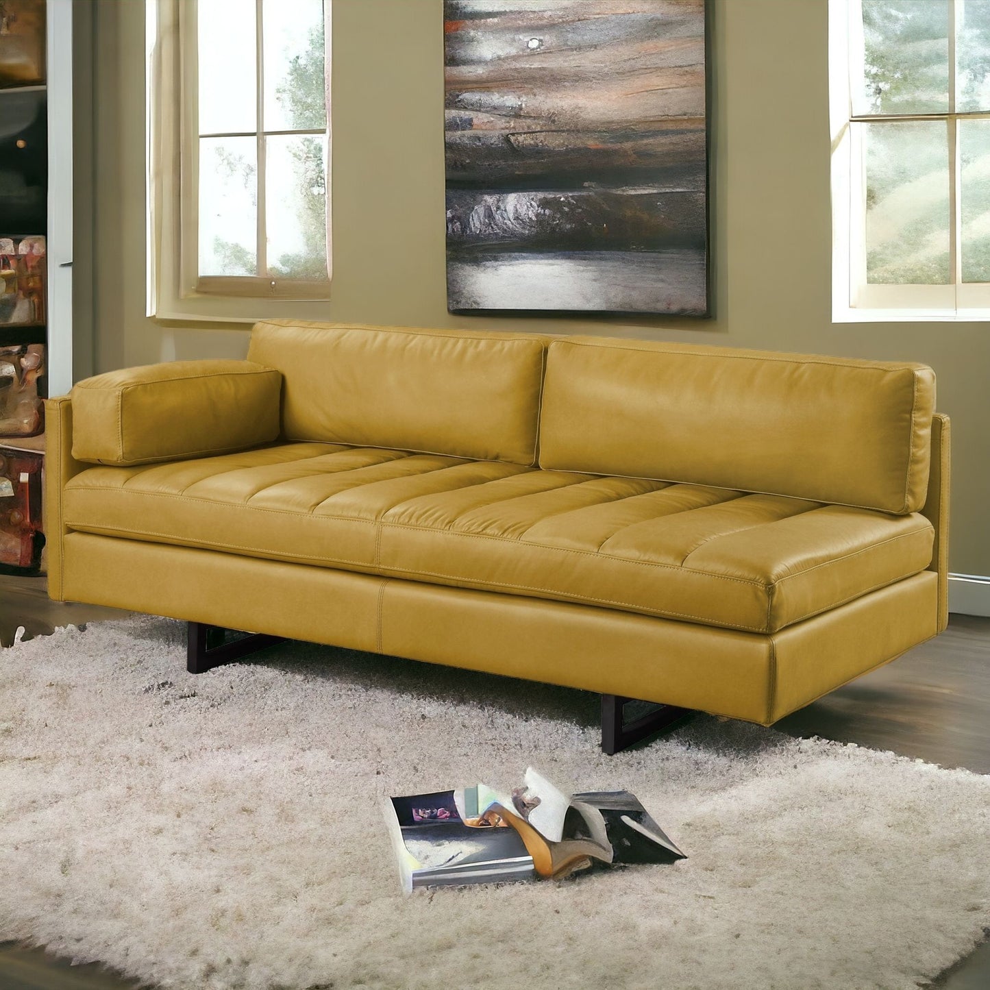 74" Turmeric Top Grain Leather And Black Sofa