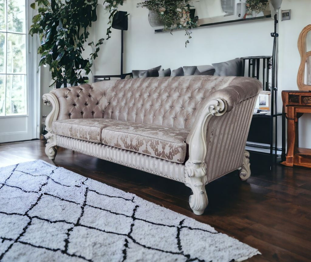 99" Ivory Velvet And Bone Sofa With Seven Toss Pillows