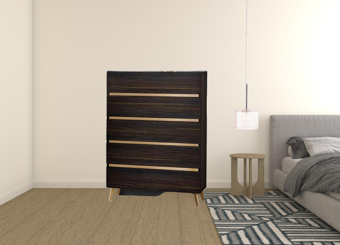 33" Drk Brown White Marble Manufactured Wood + Solid Wood Stainless Steel Five Drawer Chest