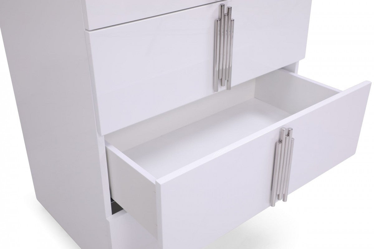 30" White Silver Manufactured Wood + Solid Wood Stainless Steel Five Drawer Chest