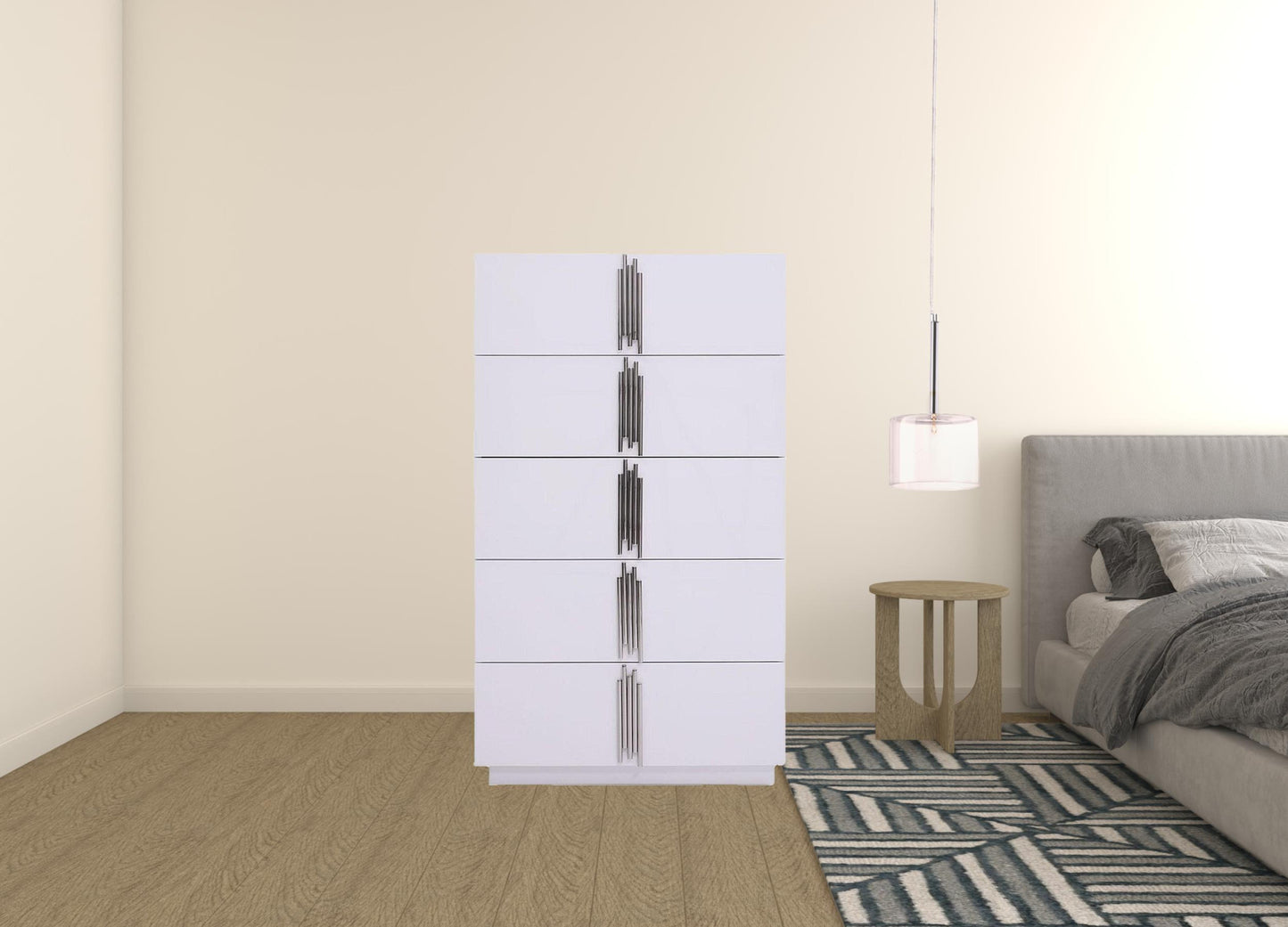 30" White Silver Manufactured Wood + Solid Wood Stainless Steel Five Drawer Chest