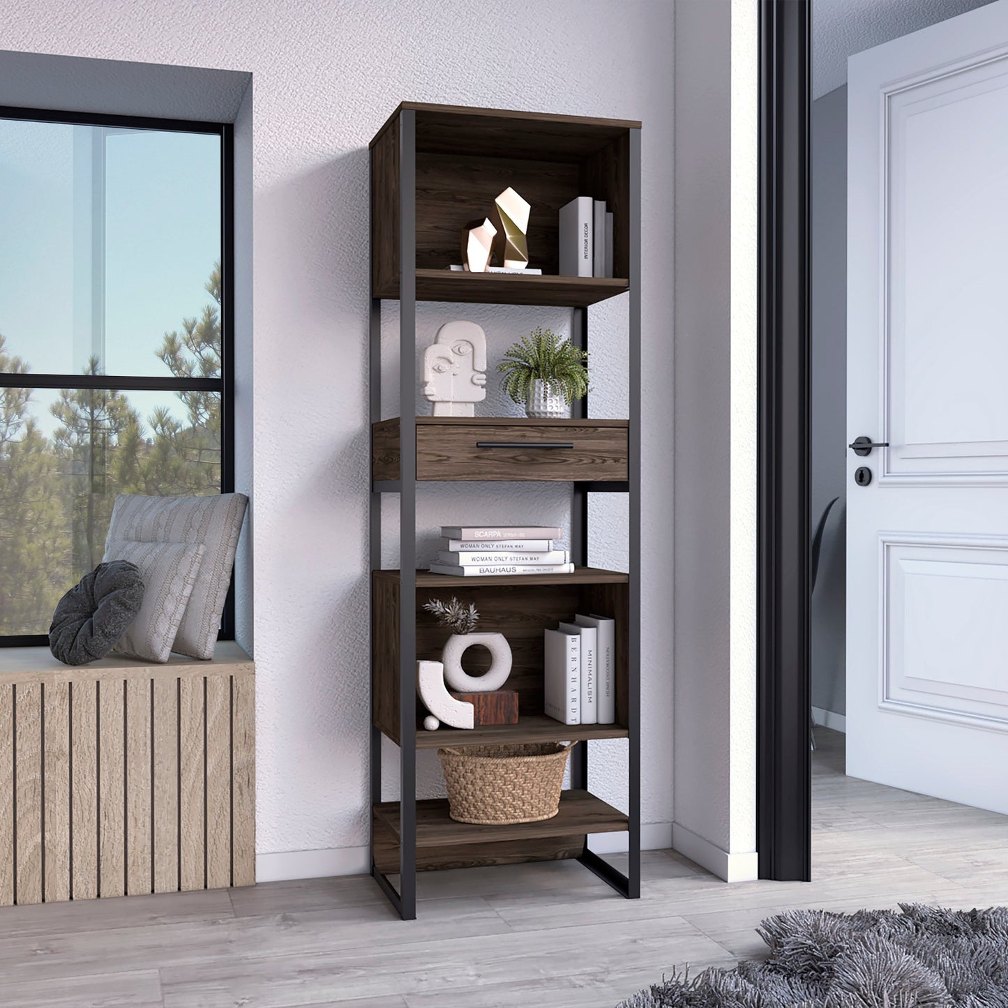 63" Dark Walnut Particleboard Five Tier Standard Bookcase With A Drawer
