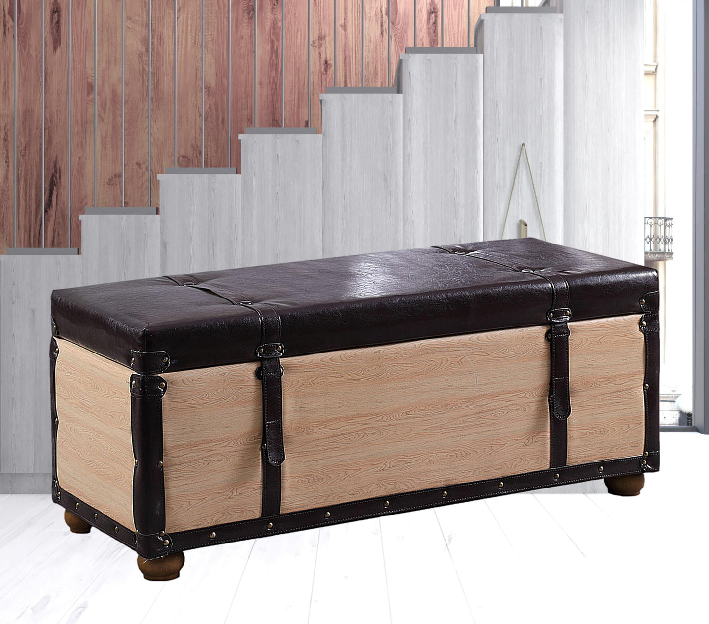 17" Black and Brown Upholstered Faux Leather Bench with Flip top
