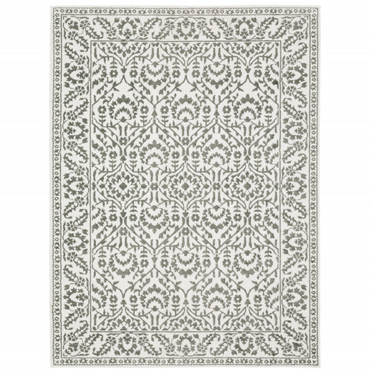 5' X 8' Grey And White Floral Power Loom Stain Resistant Area Rug