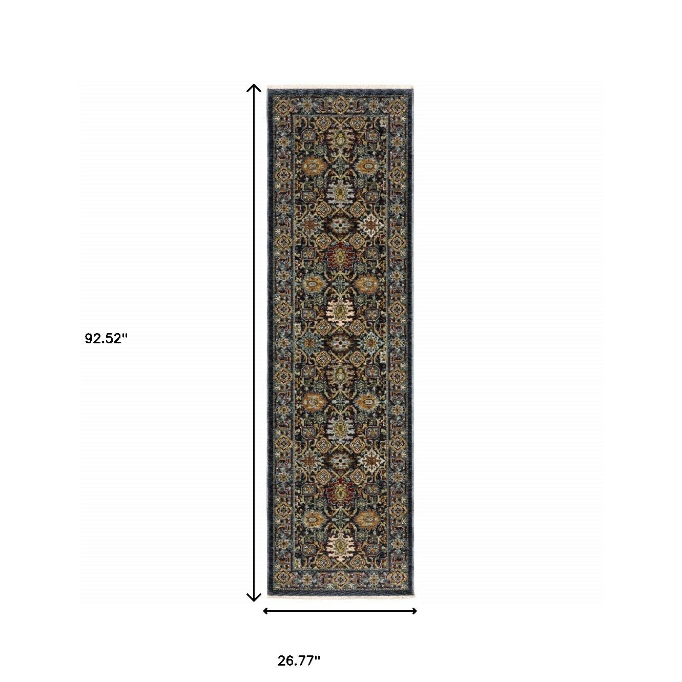 2' X 8' Blue And Beige Oriental Power Loom Runner Rug With Fringe