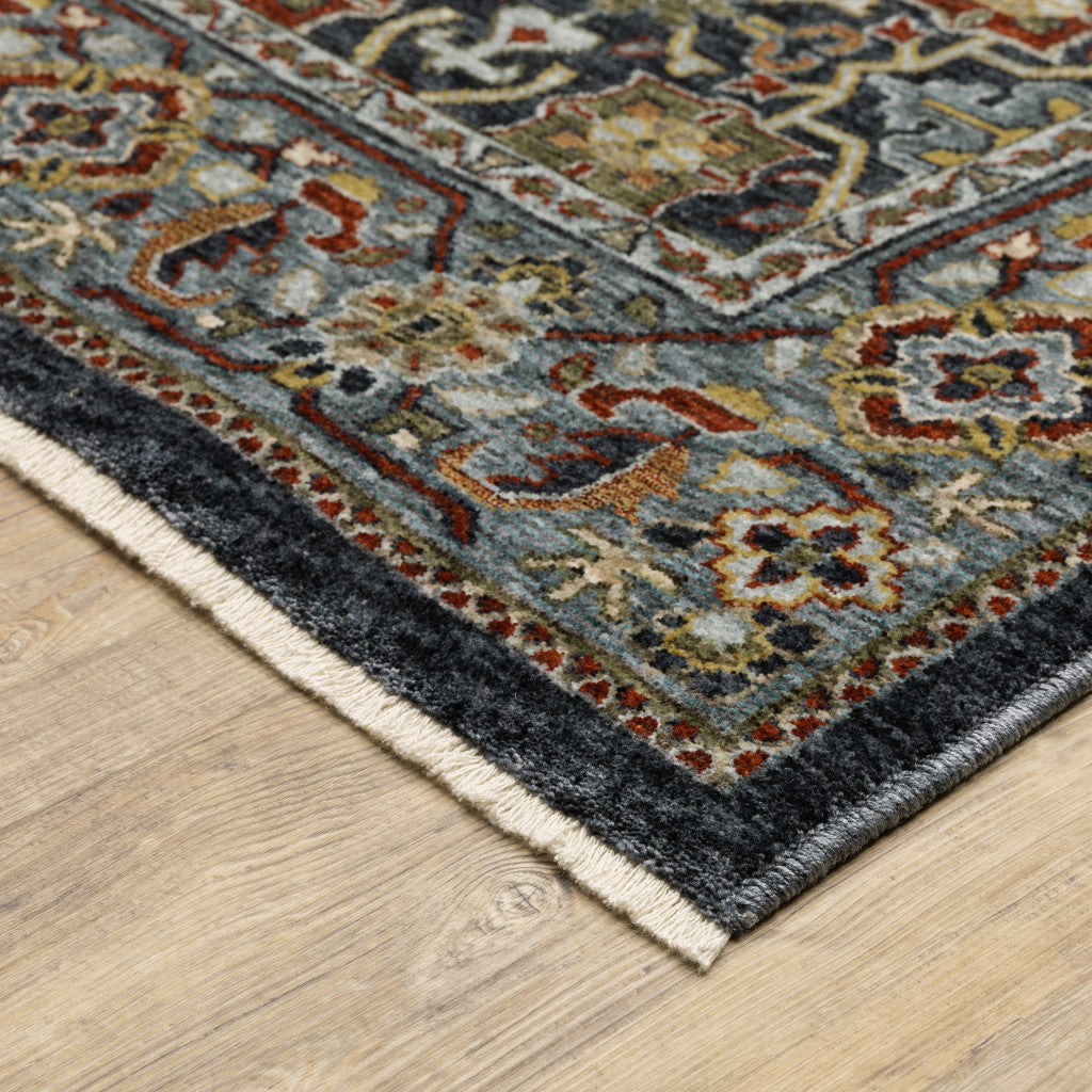 2' X 8' Blue And Beige Oriental Power Loom Runner Rug With Fringe