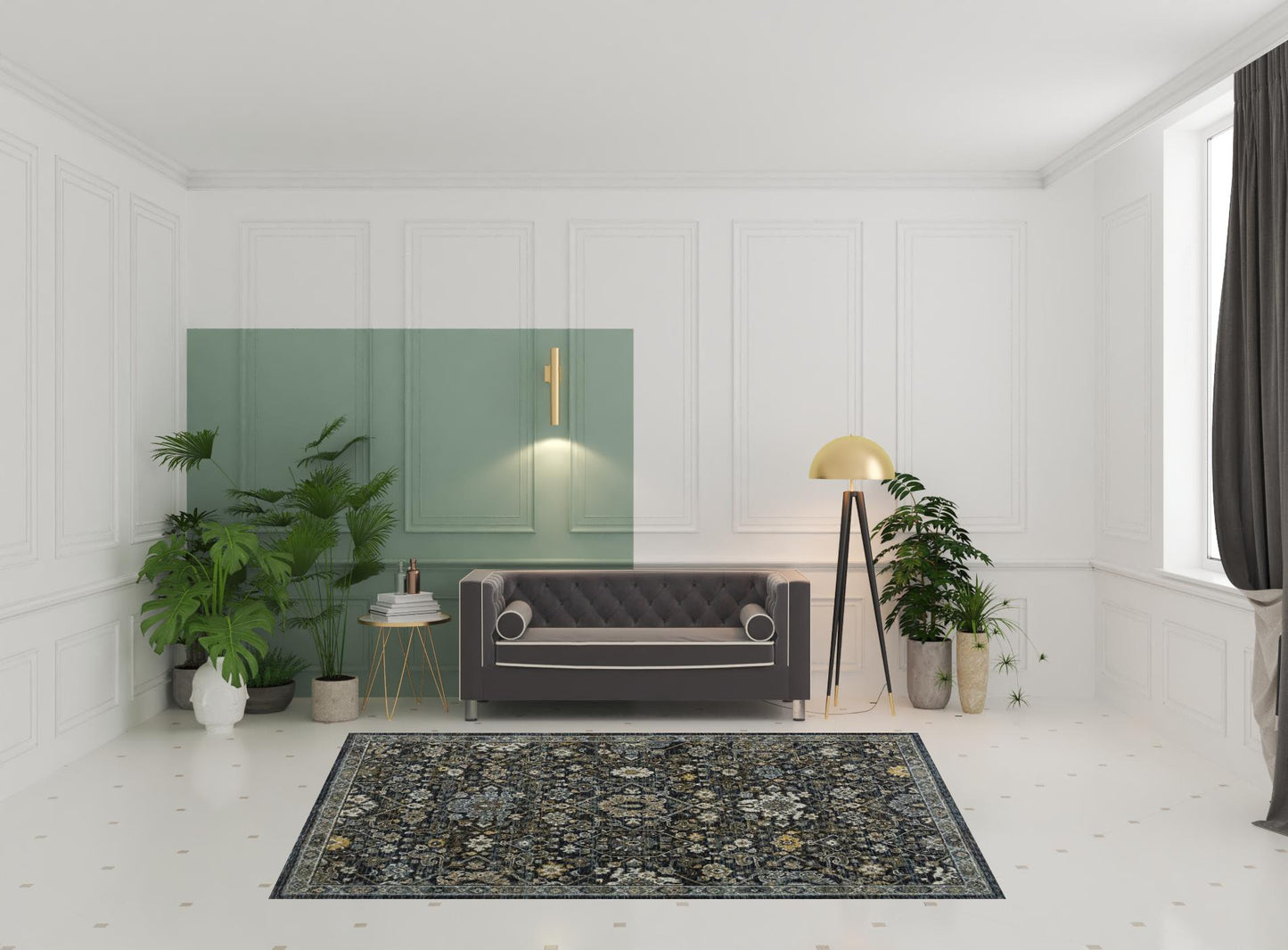 6' X 9' Blue Ivory Grey Gold Green And Brown Oriental Power Loom Stain Resistant Area Rug With Fringe