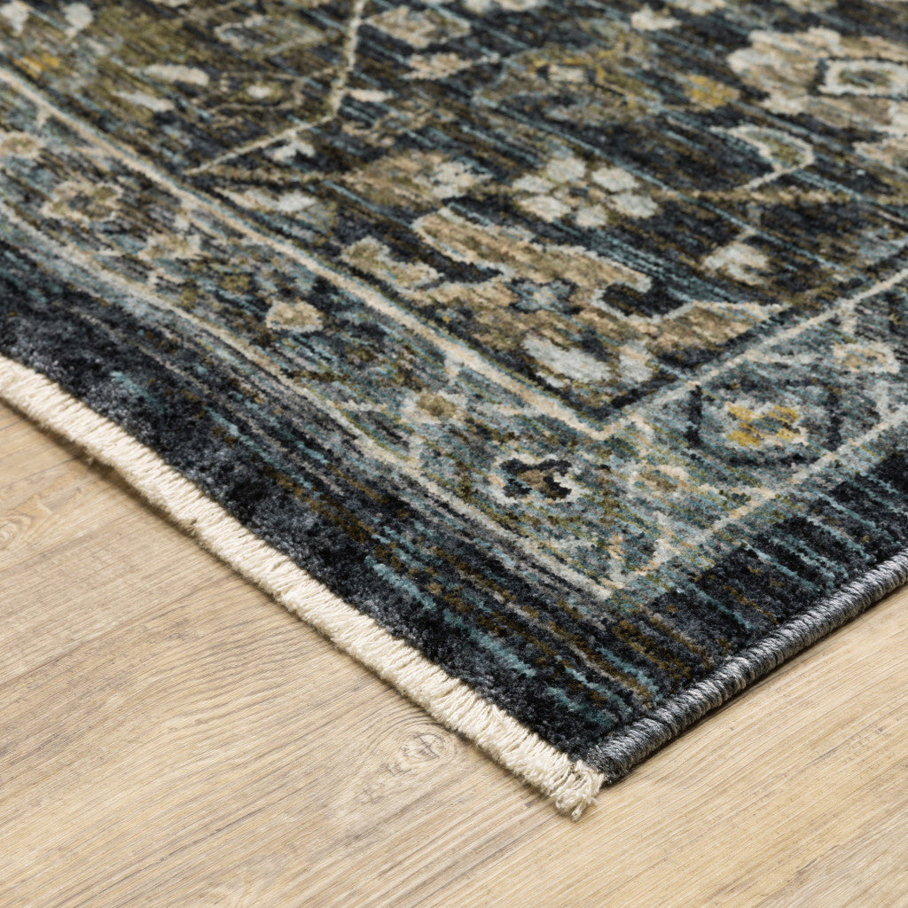 10' X 13' Blue Ivory Grey Gold Green And Brown Oriental Power Loom Stain Resistant Area Rug With Fringe
