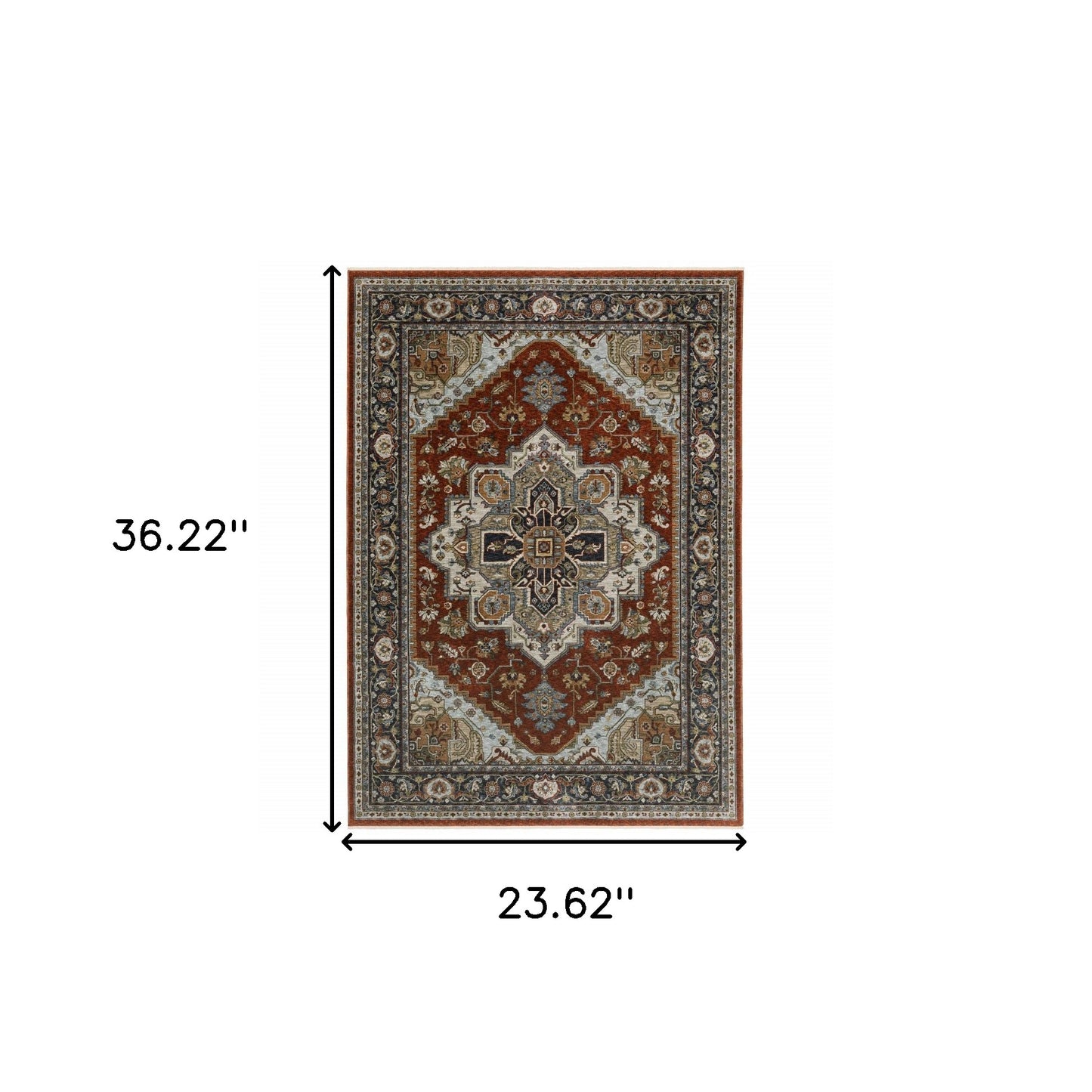 2' X 3' Blue Beige Grey Gold Green And Rust Red Oriental Power Loom Stain Resistant Area Rug With Fringe