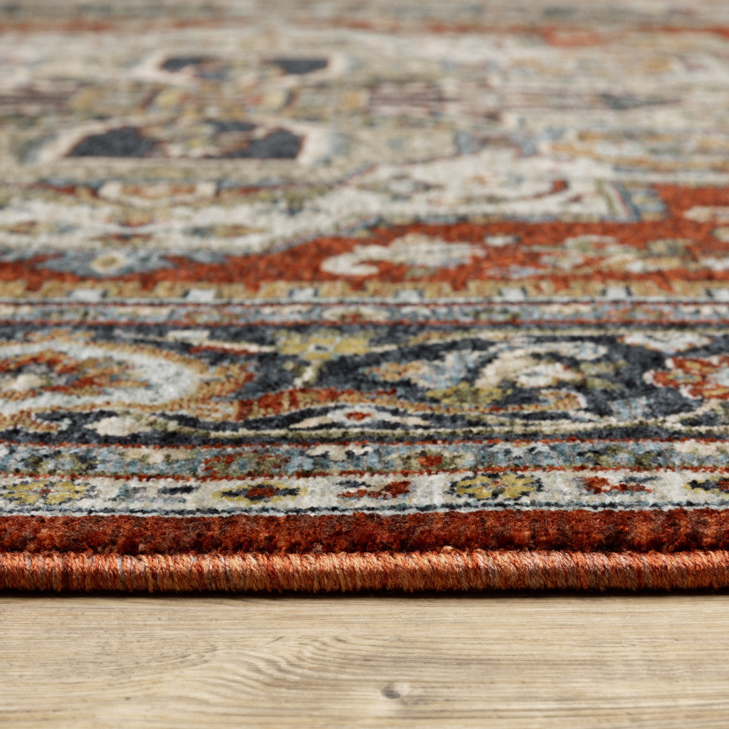 10' X 13' Blue Beige Grey Gold Green And Rust Red Oriental Power Loom Stain Resistant Area Rug With Fringe