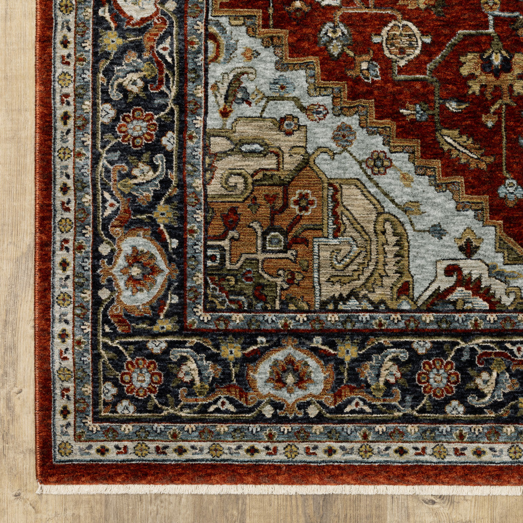 10' X 13' Blue Beige Grey Gold Green And Rust Red Oriental Power Loom Stain Resistant Area Rug With Fringe